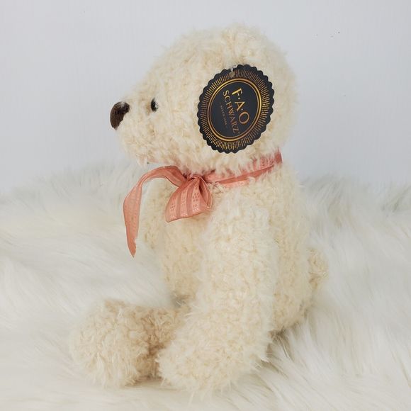 Fao Schwarz Cream Fuzzy Peach Striped Bow Teddy Bear Plush 9.5" NWT - Picture 6 of 14